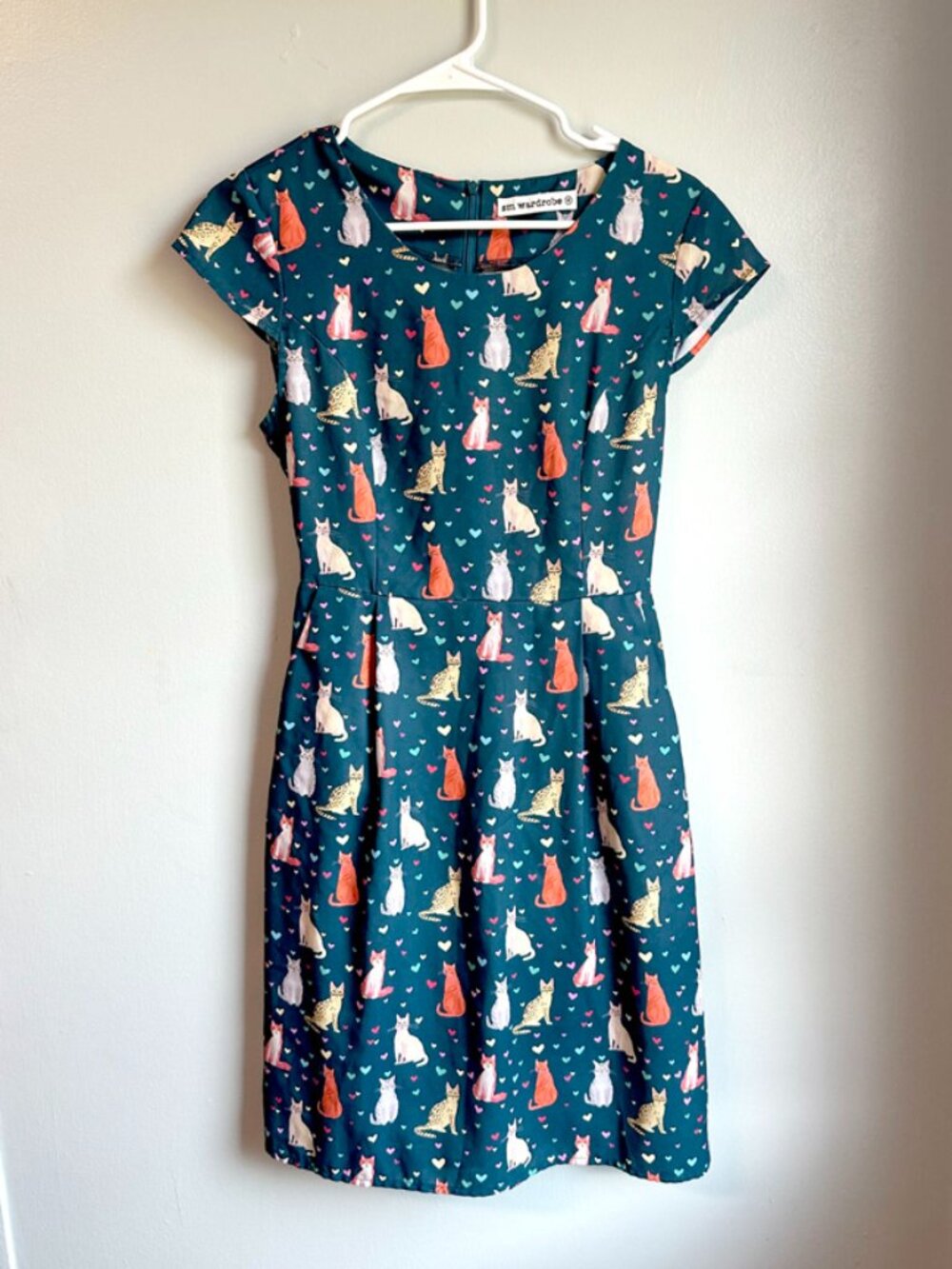 SM Wardrobe Novelty Cat & Heart Print Fit & Flare Dress with Pockets Size M